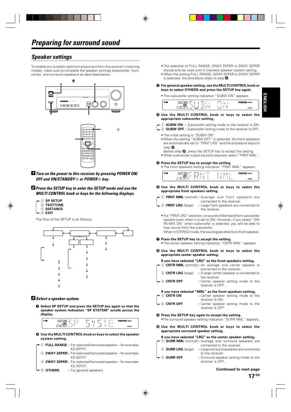 Preparing for surround sound, Speaker settings | Kenwood KRF-V5570D User Manual | Page 17 / 180