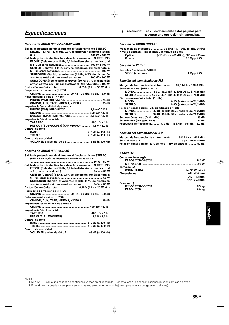 Especificaciones | Kenwood KRF-V5570D User Manual | Page 179 / 180