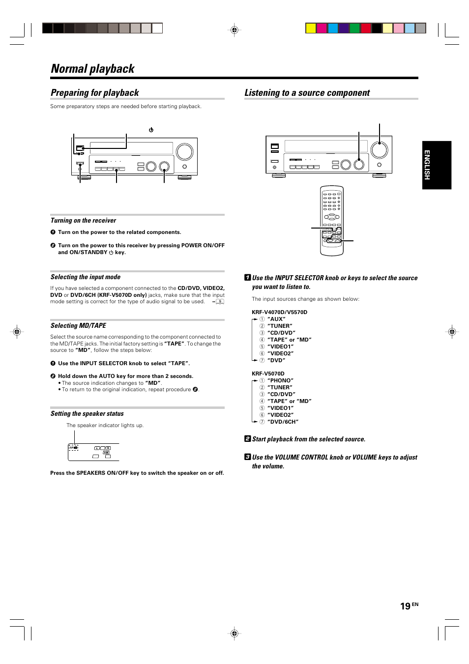 Operations, Normal playback, Preparing for playback | Listening to a source component | Kenwood KRF-V5570D User Manual | Page 19 / 180