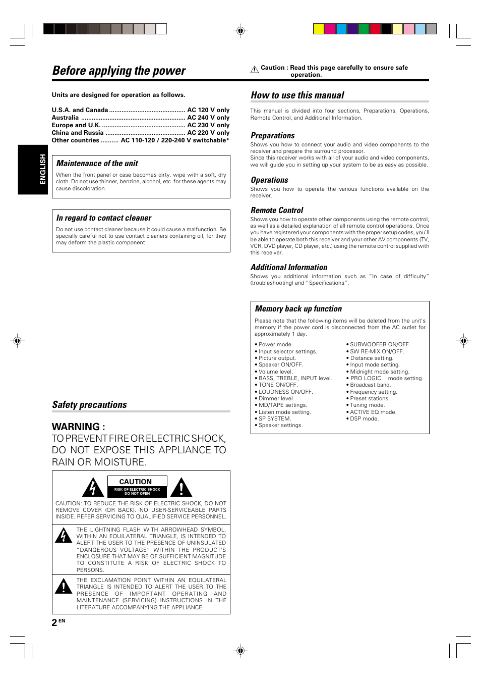 Preparations, Before applying the power, Safety precautions | How to use this manual, Operations, Remote control, Additional information, Maintenance of the unit | Kenwood KRF-V5570D User Manual | Page 2 / 180