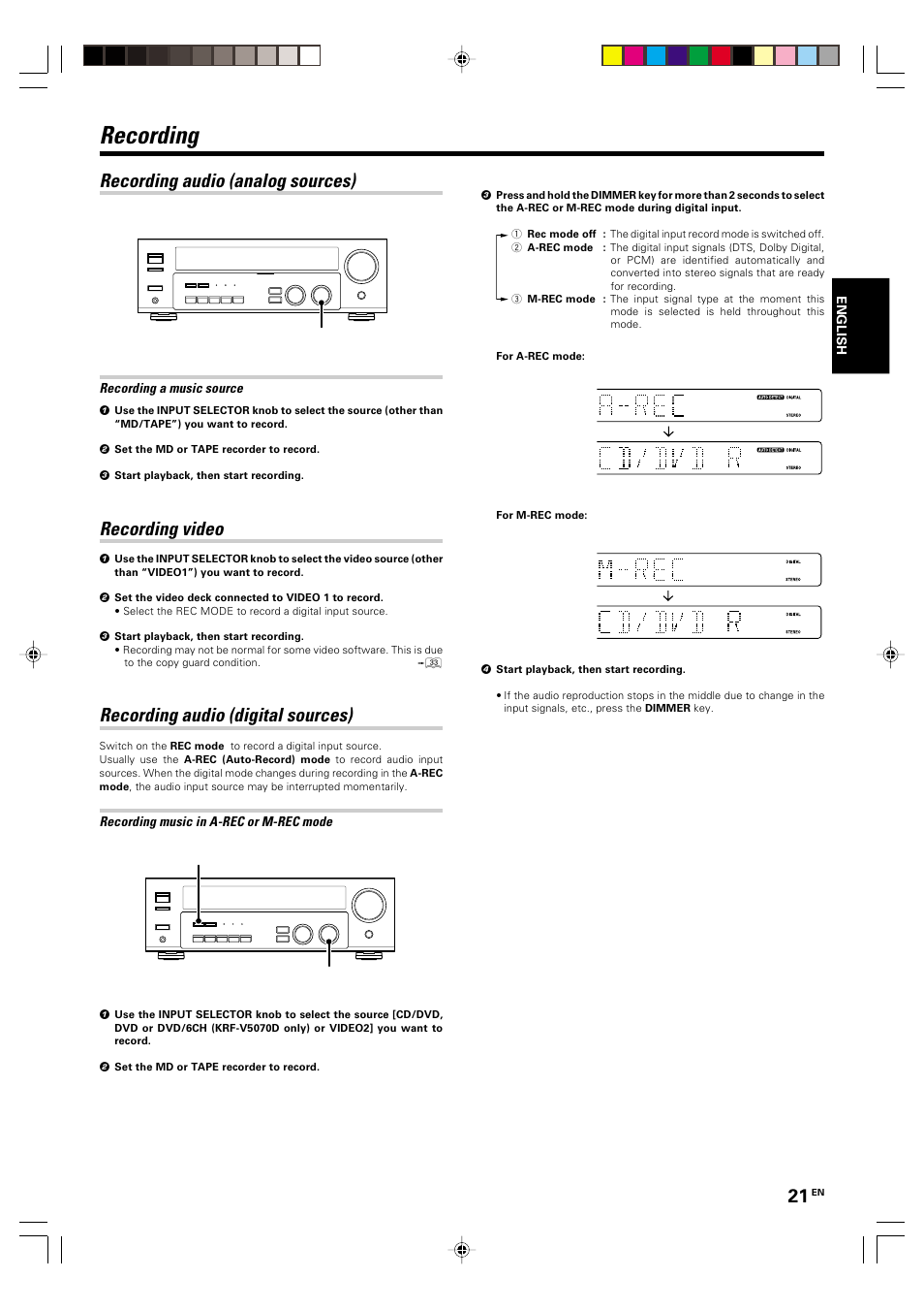 Recording, Recording audio (analog sources), Recording video | Recording audio (digital sources) | Kenwood KRF-V5570D User Manual | Page 21 / 180