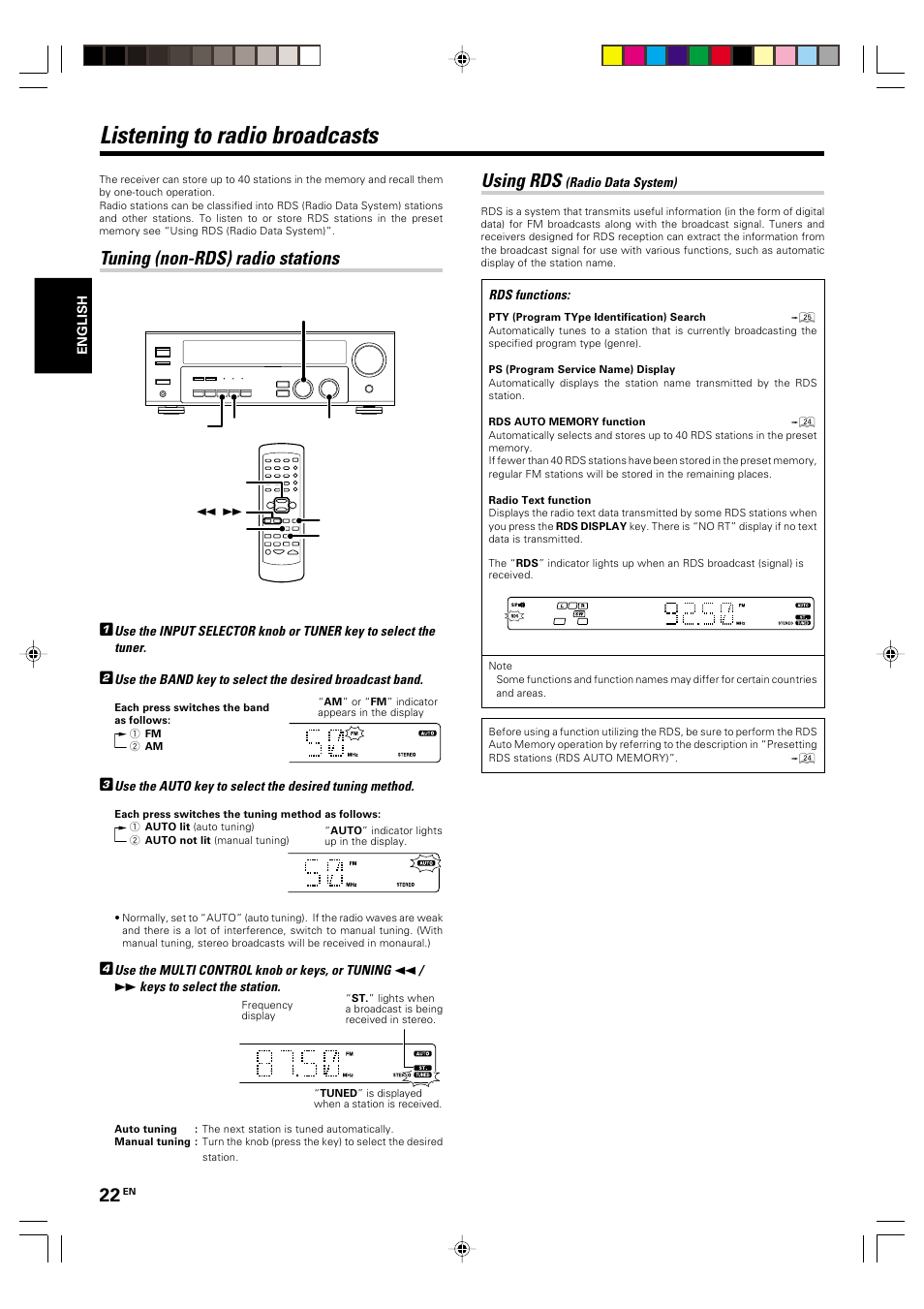 Listening to radio broadcasts, Tuning (non-rds) radio stations, Using rds (radio data system) | Using rds | Kenwood KRF-V5570D User Manual | Page 22 / 180