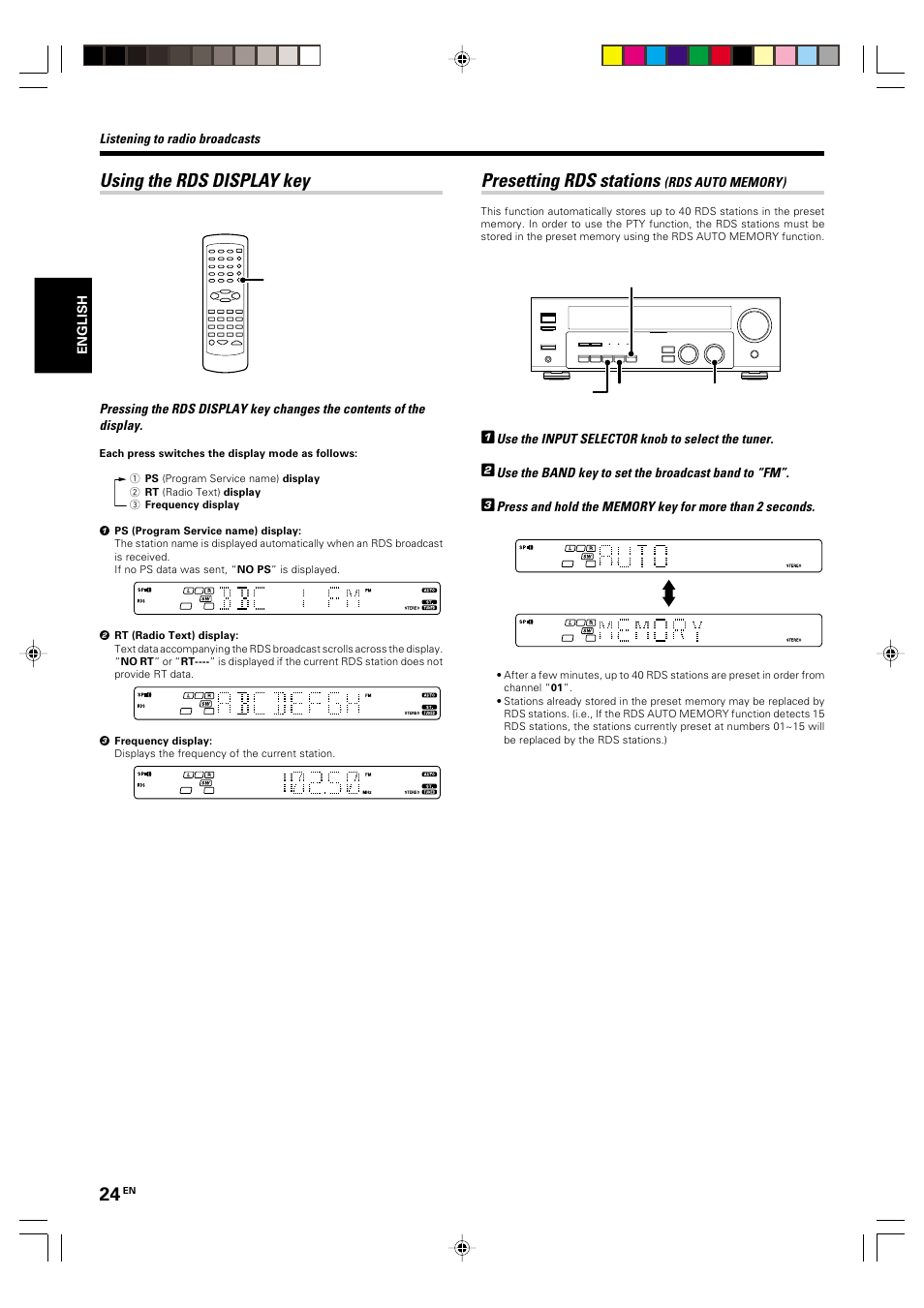 Using the rds display key, Presetting rds stations (rds auto memory), Presetting rds stations | Kenwood KRF-V5570D User Manual | Page 24 / 180