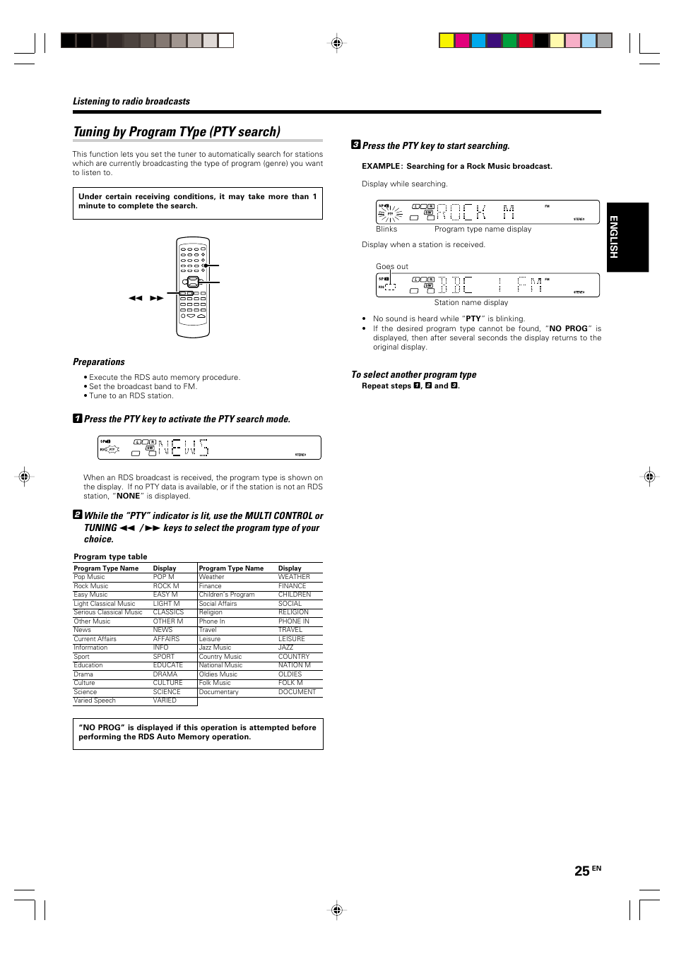 Tuning by program type (pty search), Press the pty key to start searching, Listening to radio broadcasts | Preparations, Press the pty key to activate the pty search mode, Keys to select the program type of your choice | Kenwood KRF-V5570D User Manual | Page 25 / 180