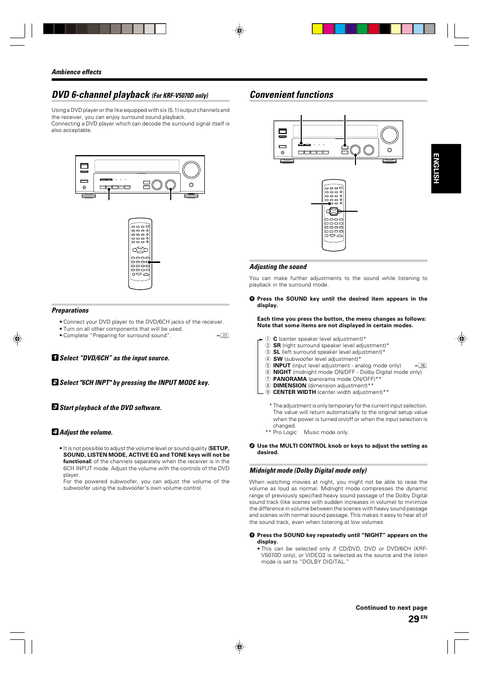 Dvd 6-channel playback (for krf-v5070d only), Convenient functions, Dvd 6-channel playback | Kenwood KRF-V5570D User Manual | Page 29 / 180