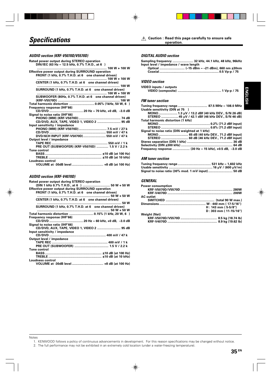 Specifications | Kenwood KRF-V5570D User Manual | Page 35 / 180