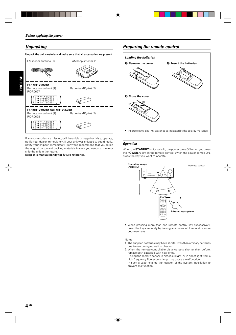 Unpacking, Preparing the remote control | Kenwood KRF-V5570D User Manual | Page 4 / 180