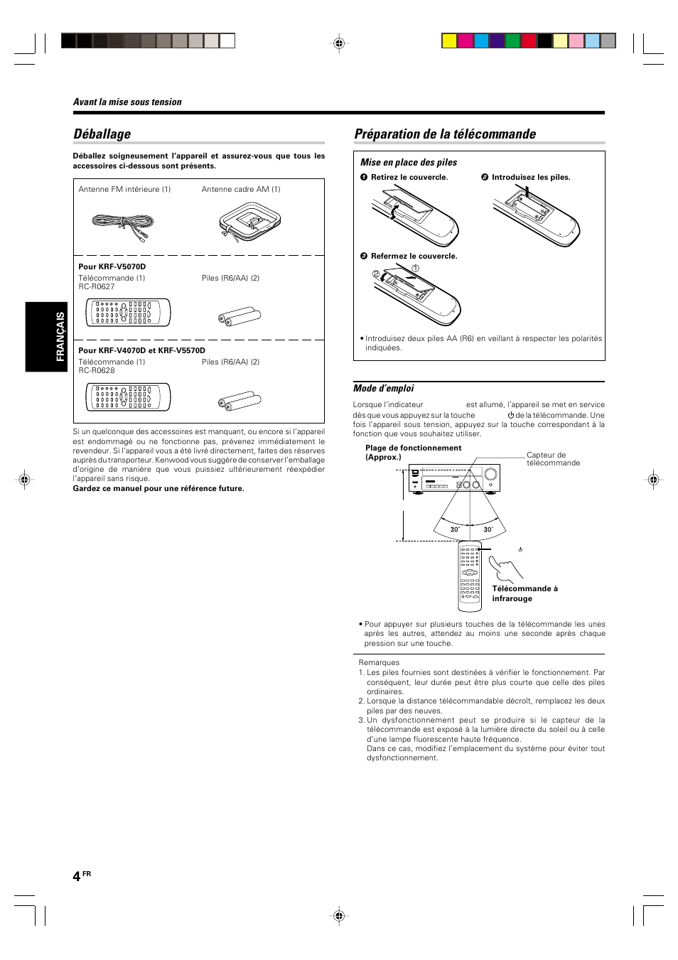 Deballage, Preparation de la telecommande, Déballage | Préparation de la télécommande | Kenwood KRF-V5570D User Manual | Page 40 / 180