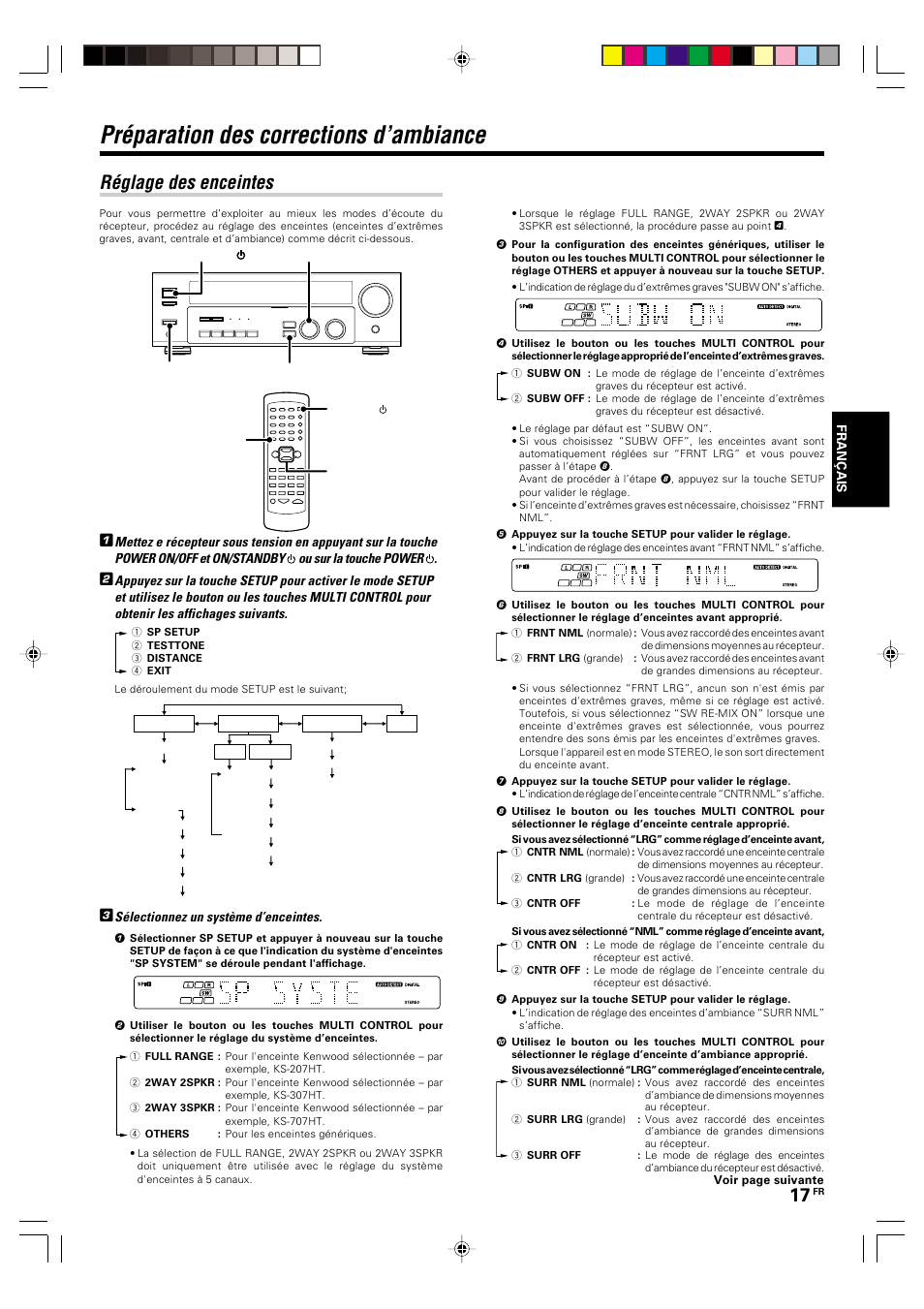 Preparation des corrections d’ambiance, Reglage des enceintes, Préparation des corrections d’ambiance | Réglage des enceintes | Kenwood KRF-V5570D User Manual | Page 53 / 180