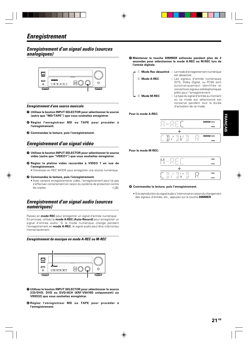 Enregistrement, Enregistrement d’un signal video, Enregistrement d’un signal vidéo | Kenwood KRF-V5570D User Manual | Page 57 / 180