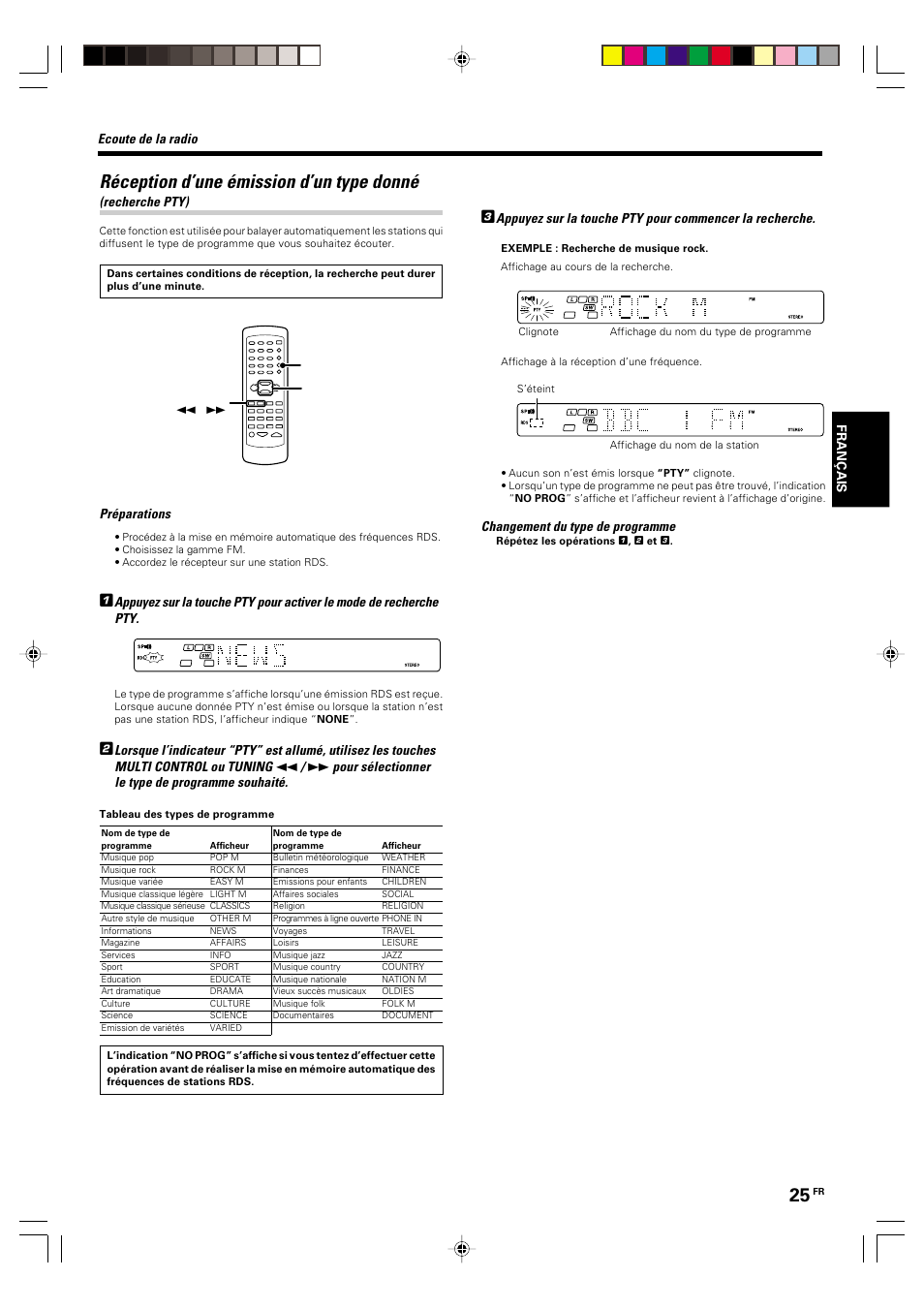 Réception d’une émission d’un type donné, Ecoute de la radio, Recherche pty) | Préparations, Pour sélectionner le type de programme souhaité, Changement du type de programme | Kenwood KRF-V5570D User Manual | Page 61 / 180