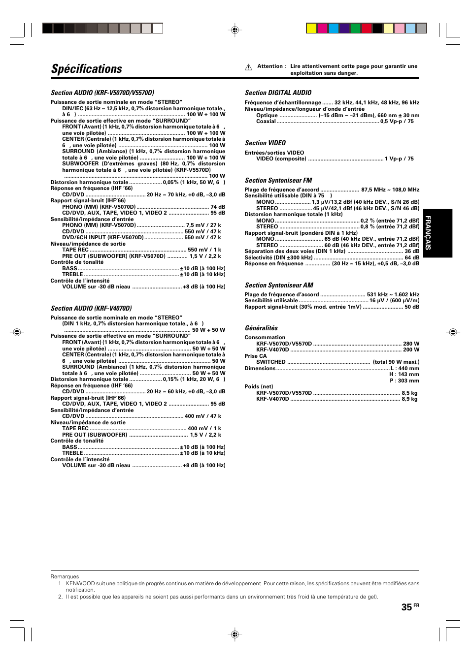 Specifications, Spécifications | Kenwood KRF-V5570D User Manual | Page 71 / 180