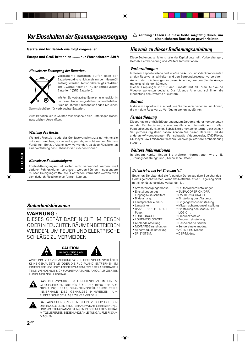 Vorbereitungen, Vor einschalten der spannungsversorgung, Sicherheitshinweise | Hinweis zu dieser bedienungsanleitung, Sicherheitshinweise warnung, Betrieb, Fernbedienung, Weitere informationen | Kenwood KRF-V5570D User Manual | Page 74 / 180