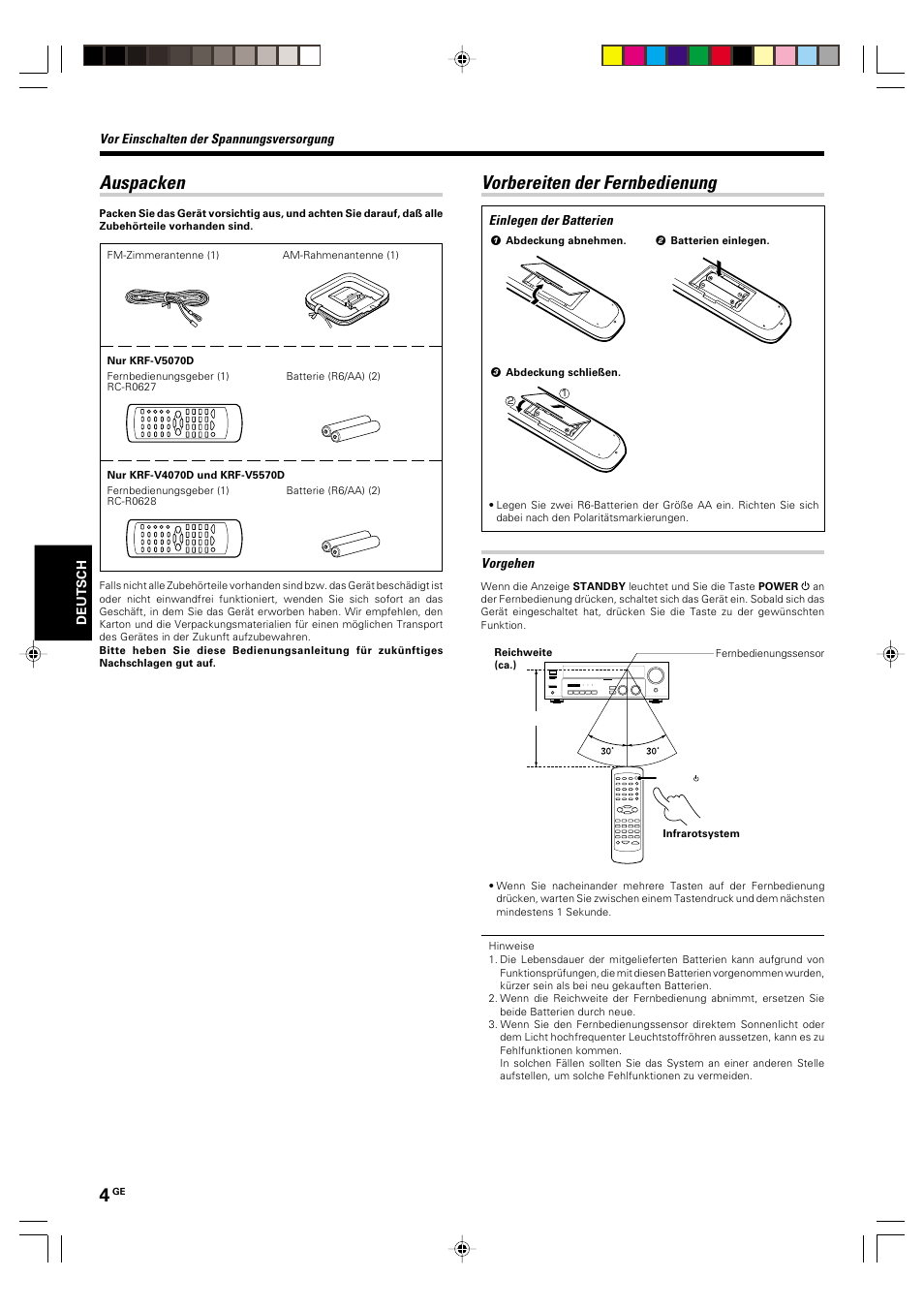 Auspacken, Vorbereiten der fernbedienung | Kenwood KRF-V5570D User Manual | Page 76 / 180