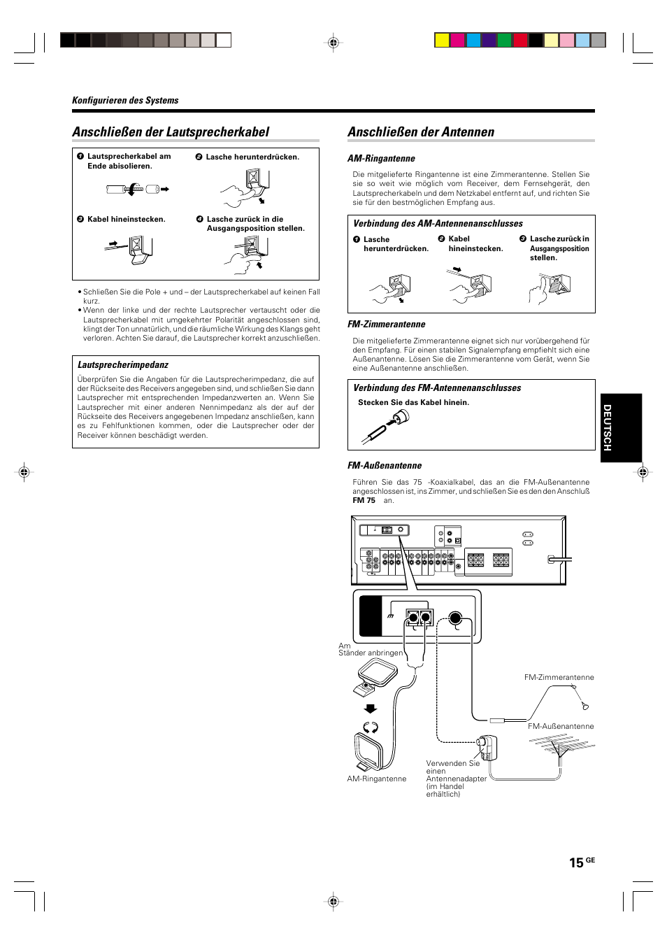 Anschliesen der lautsprecherkabel, Anschliesen der antennen | Kenwood KRF-V5570D User Manual | Page 87 / 180