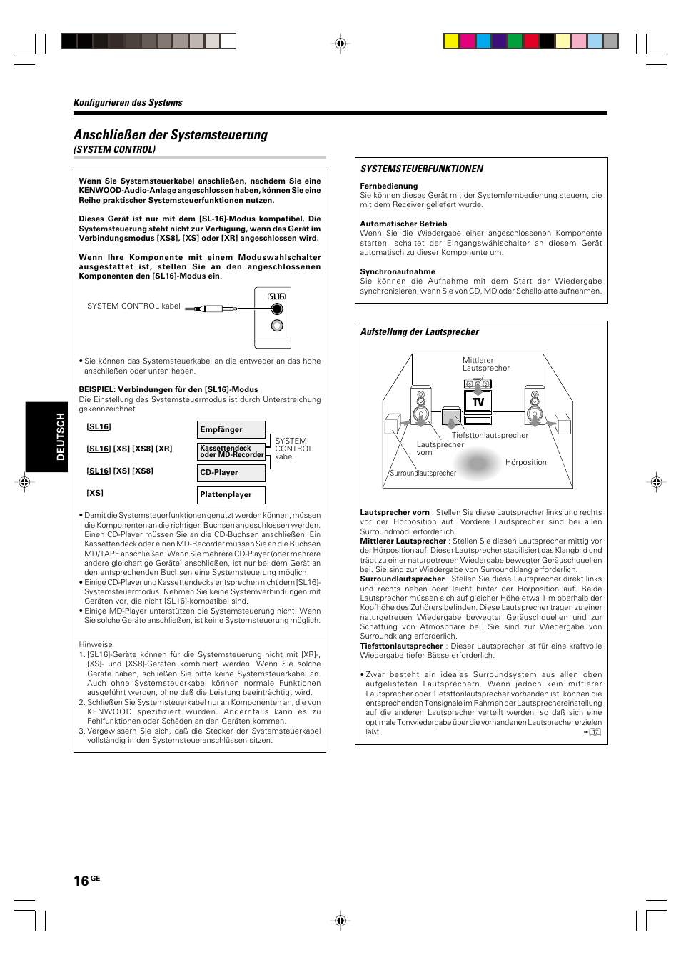 Anschliesen der systemsteuerung (system control), Anschließen der systemsteuerung | Kenwood KRF-V5570D User Manual | Page 88 / 180