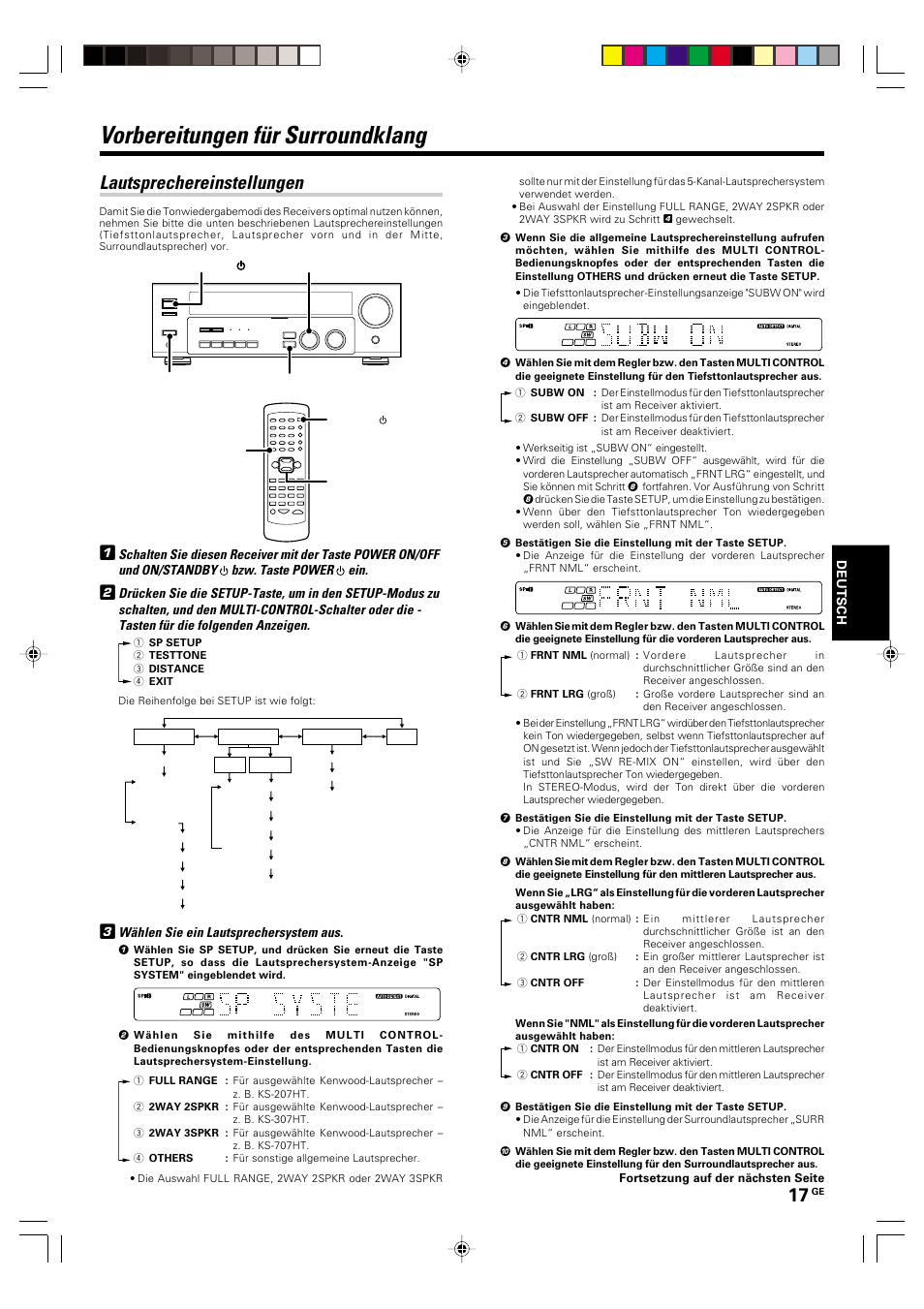 Vorbereitungen fur surroundklang, Lautsprechereinstellungen, Vorbereitungen für surroundklang | Kenwood KRF-V5570D User Manual | Page 89 / 180