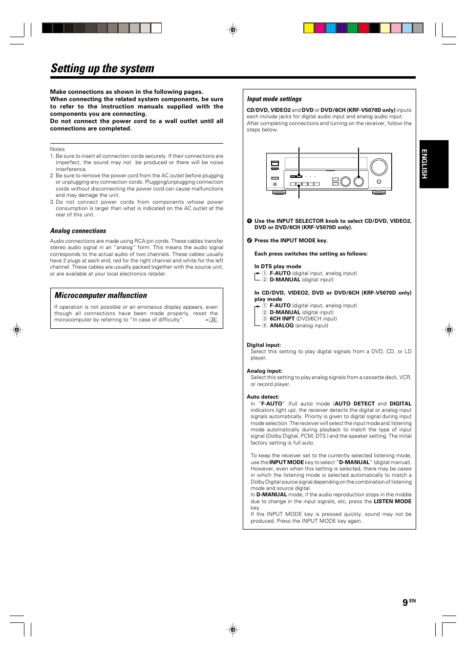 Setting up the system, Microcomputer malfunction | Kenwood KRF-V5570D User Manual | Page 9 / 180