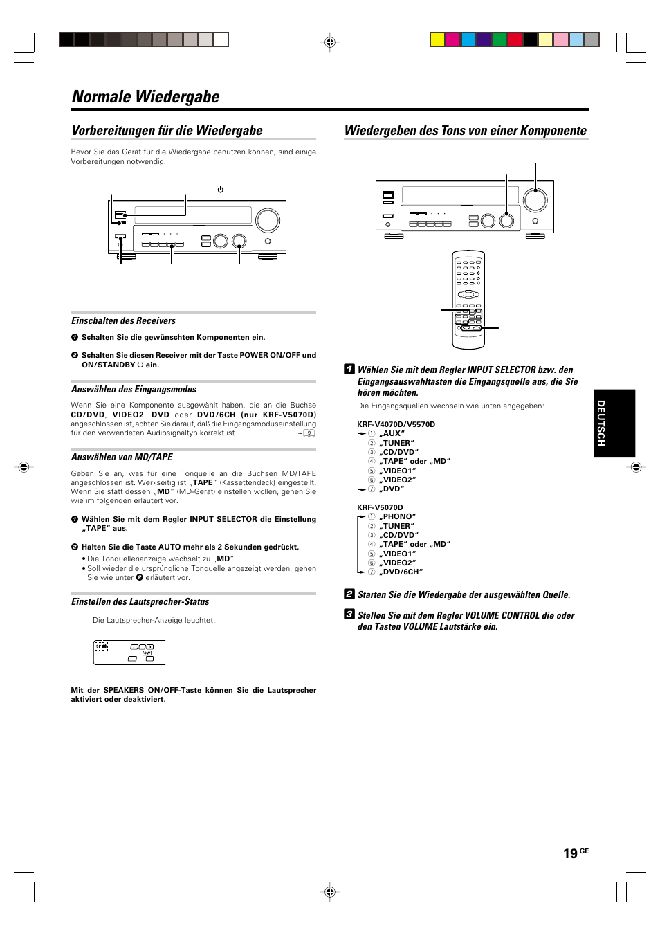 Betrieb, Normale wiedergabe, Vorbereitungen fur die wiedergabe | Wiedergeben des tons von einer komponente, Vorbereitungen für die wiedergabe | Kenwood KRF-V5570D User Manual | Page 91 / 180