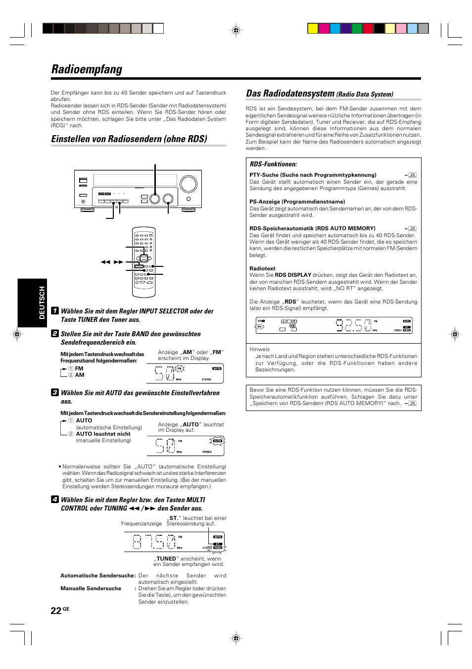 Radioempfang, Einstellen von radiosendern (ohne rds), Das radiodatensystem (radio data system) | Das radiodatensystem | Kenwood KRF-V5570D User Manual | Page 94 / 180