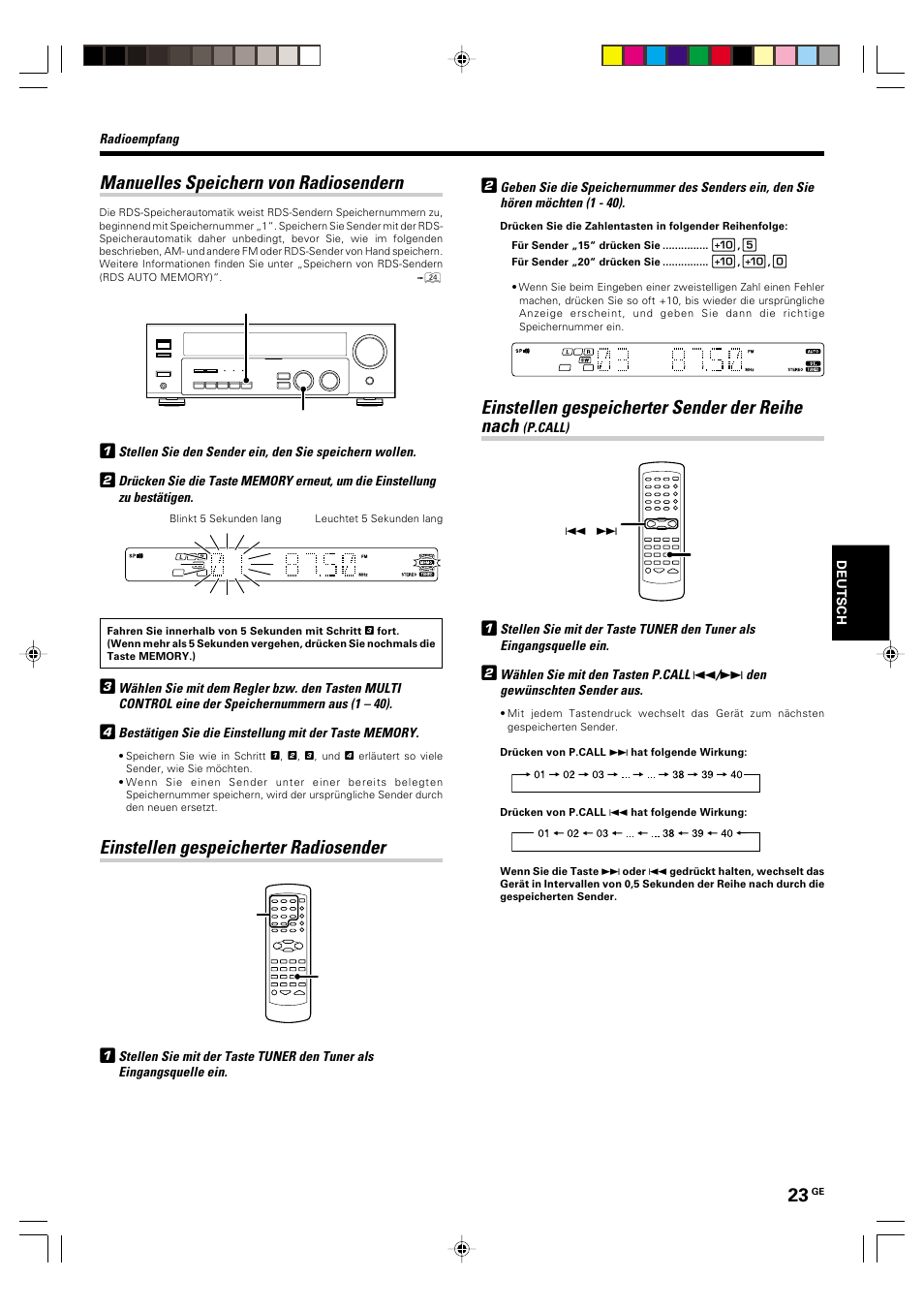 Manuelles speichern von radiosendern, Einstellen gespeicherter radiosender, Einstellen gespeicherter sender der reihe nach | Kenwood KRF-V5570D User Manual | Page 95 / 180