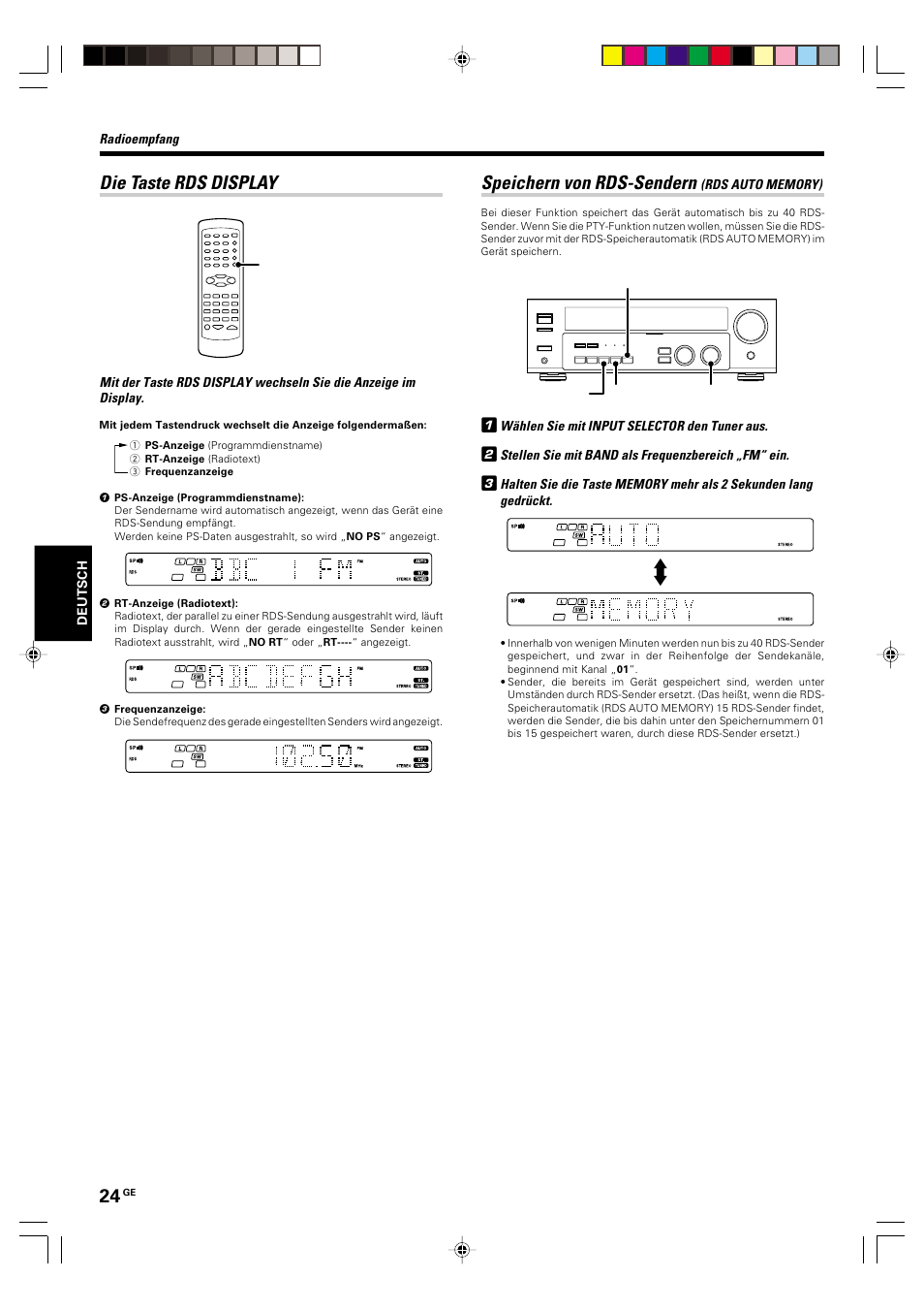 Die taste rds display, Speichern von rds-sendern (rds auto memory), Speichern von rds-sendern | Kenwood KRF-V5570D User Manual | Page 96 / 180