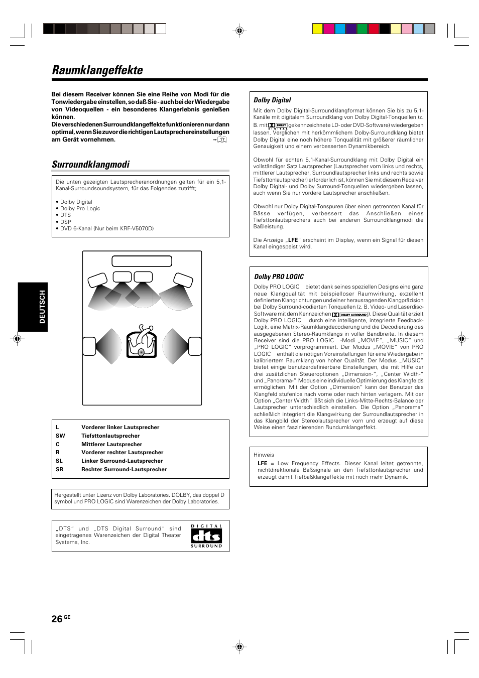 Raumklangeffekte, Surroundklangmodi | Kenwood KRF-V5570D User Manual | Page 98 / 180