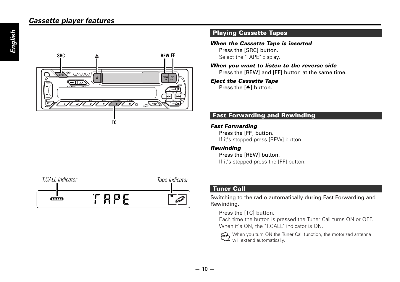 Cassette player features, English | Kenwood KRC-266S User Manual | Page 10 / 21