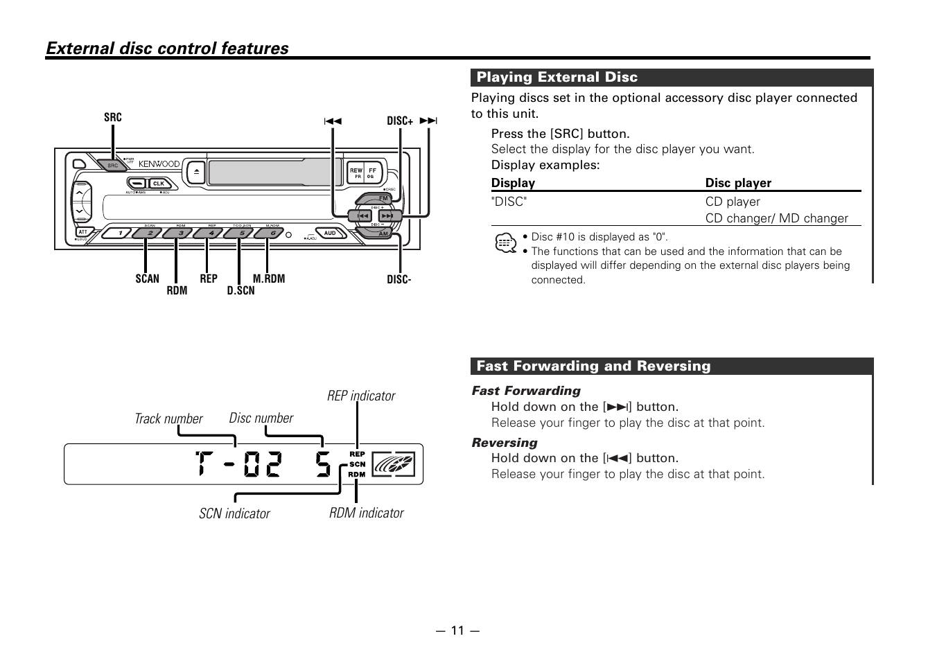 External disc control features | Kenwood KRC-266S User Manual | Page 11 / 21