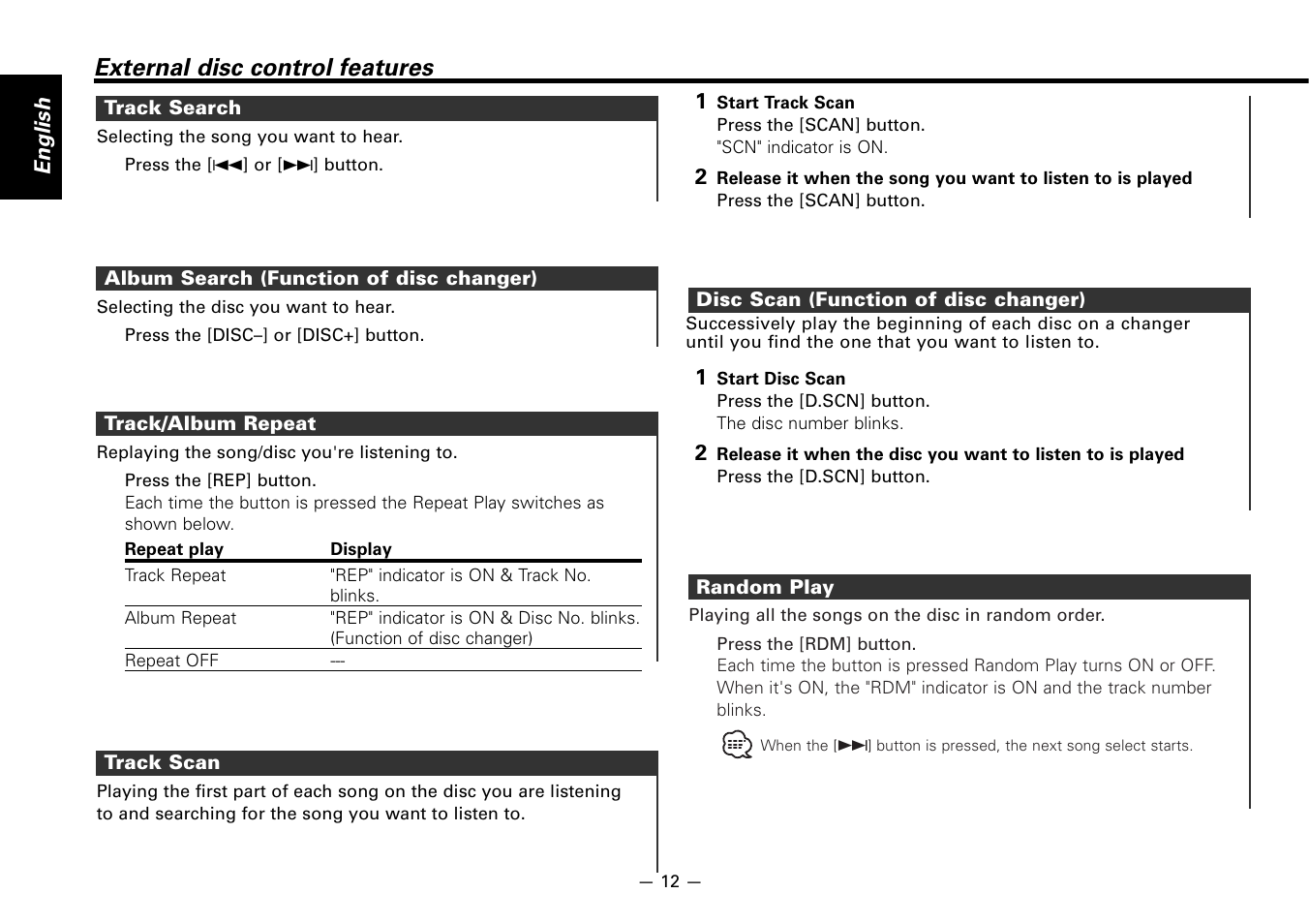 External disc control features | Kenwood KRC-266S User Manual | Page 12 / 21