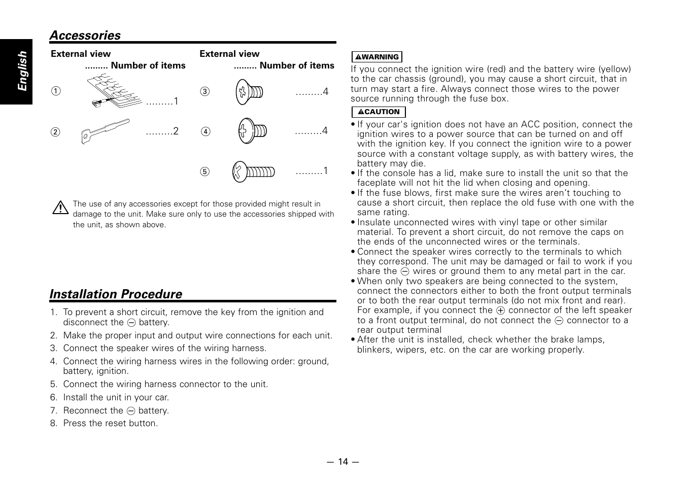 Accessories, Installation procedure, Accessories installation procedure | Kenwood KRC-266S User Manual | Page 14 / 21