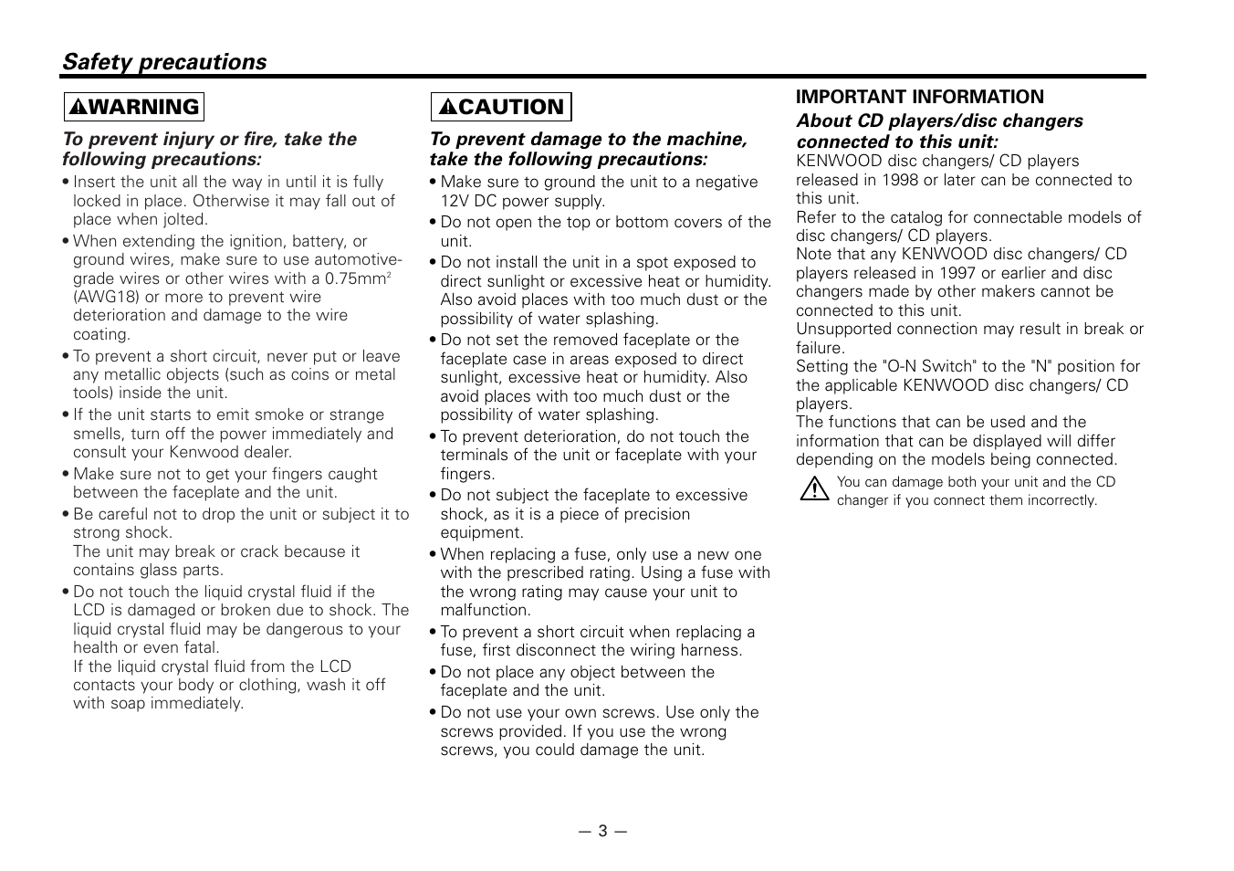 Safety precautions, 2 warning, 2 caution | Kenwood KRC-266S User Manual | Page 3 / 21