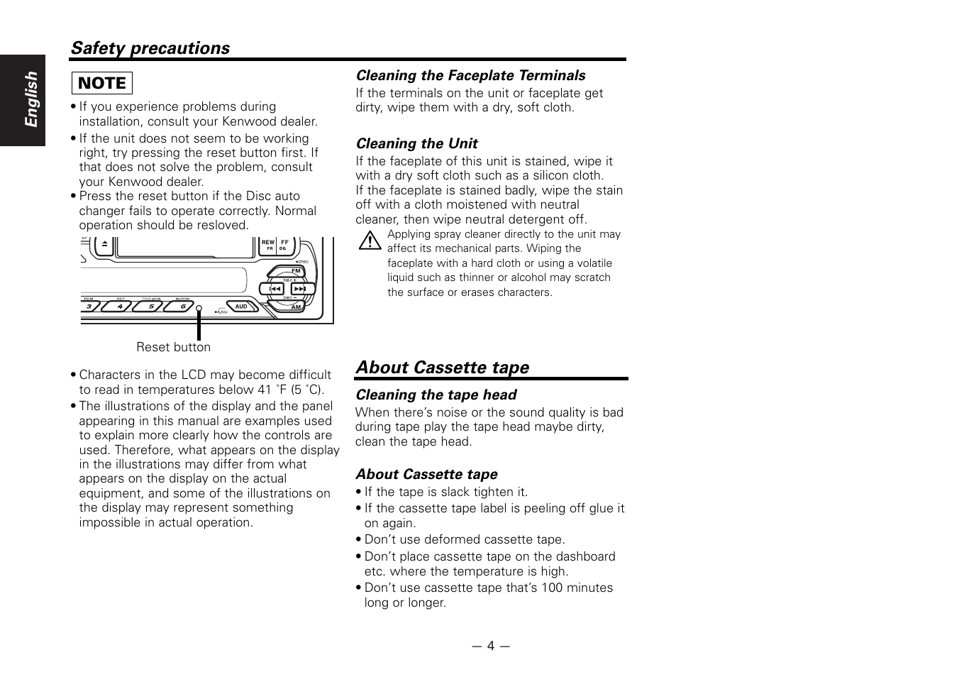 About cassette tape, Safety precautions | Kenwood KRC-266S User Manual | Page 4 / 21