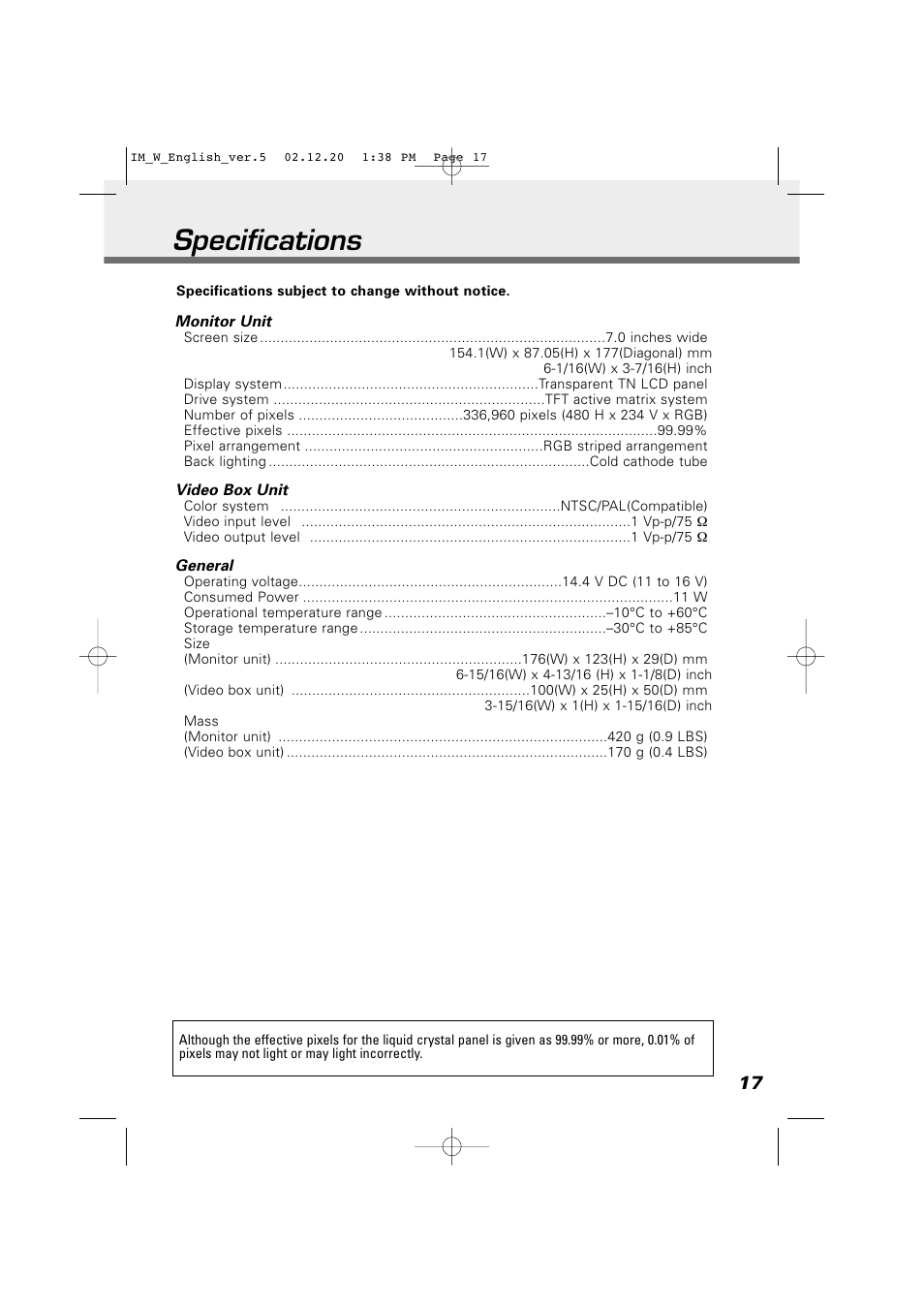 Specifications | Kenwood LZ-701W User Manual | Page 17 / 18