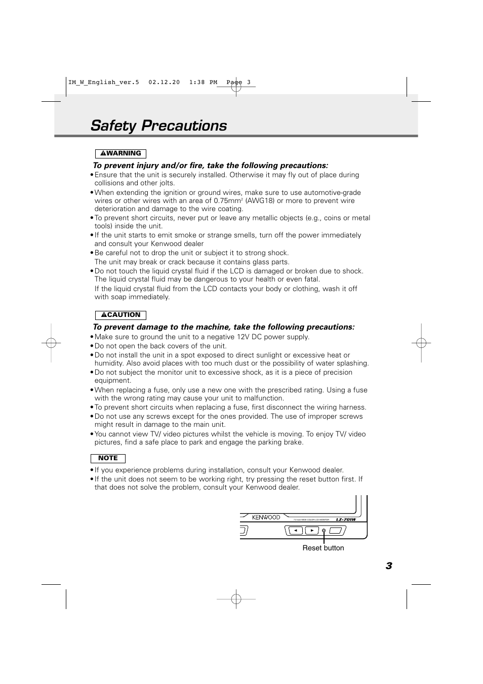 Safety precautions | Kenwood LZ-701W User Manual | Page 3 / 18