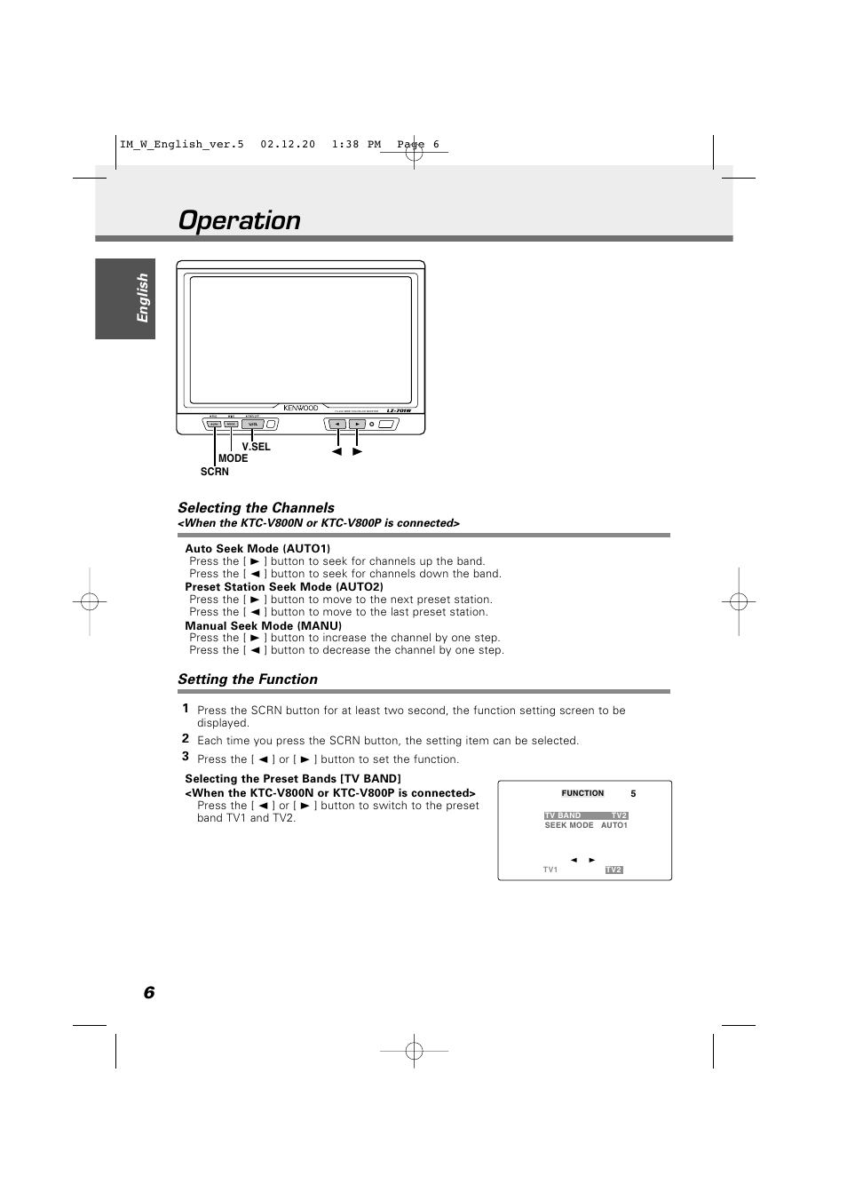 Operation, Selecting the channels, Setting the function | English | Kenwood LZ-701W User Manual | Page 6 / 18