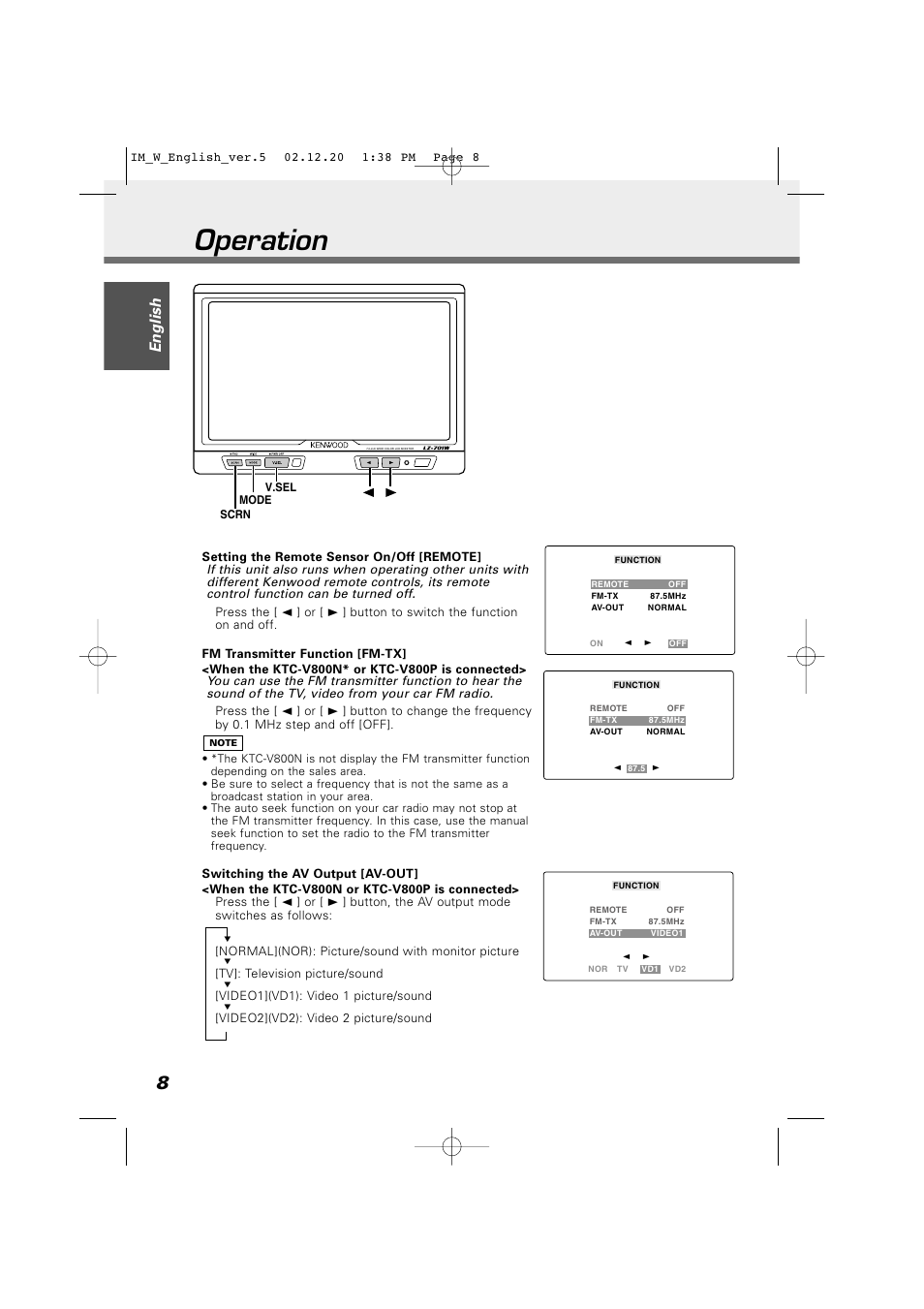 Operation, English | Kenwood LZ-701W User Manual | Page 8 / 18