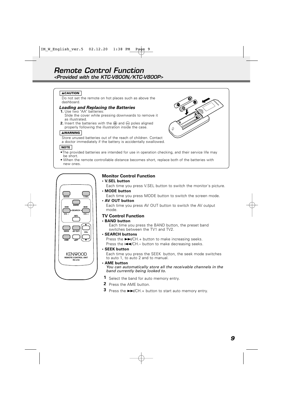 Remote control function | Kenwood LZ-701W User Manual | Page 9 / 18