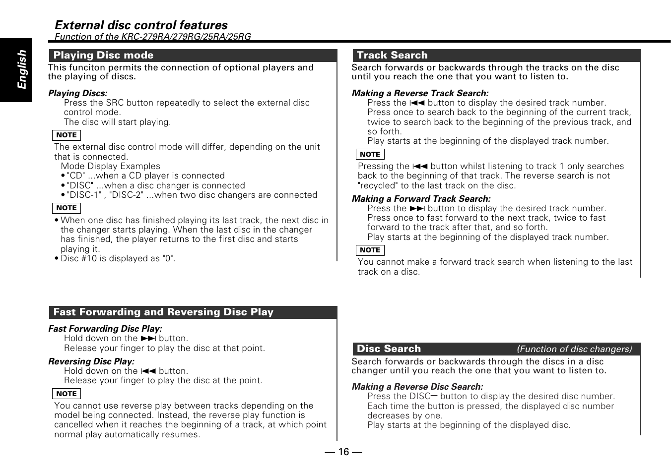 Playing disc mode, Fast forwarding and reversing disc play, Track search | Disc search, External disc control features, English | Kenwood KRC-279RA User Manual | Page 16 / 32