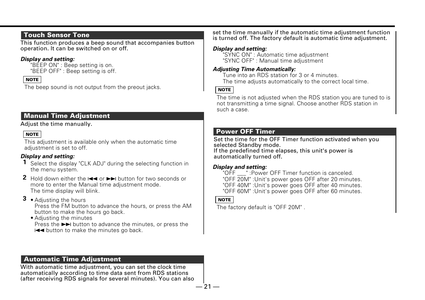 Touch sensor tone, Manual time adjustment, Automatic time adjustment | Power off timer | Kenwood KRC-279RA User Manual | Page 21 / 32