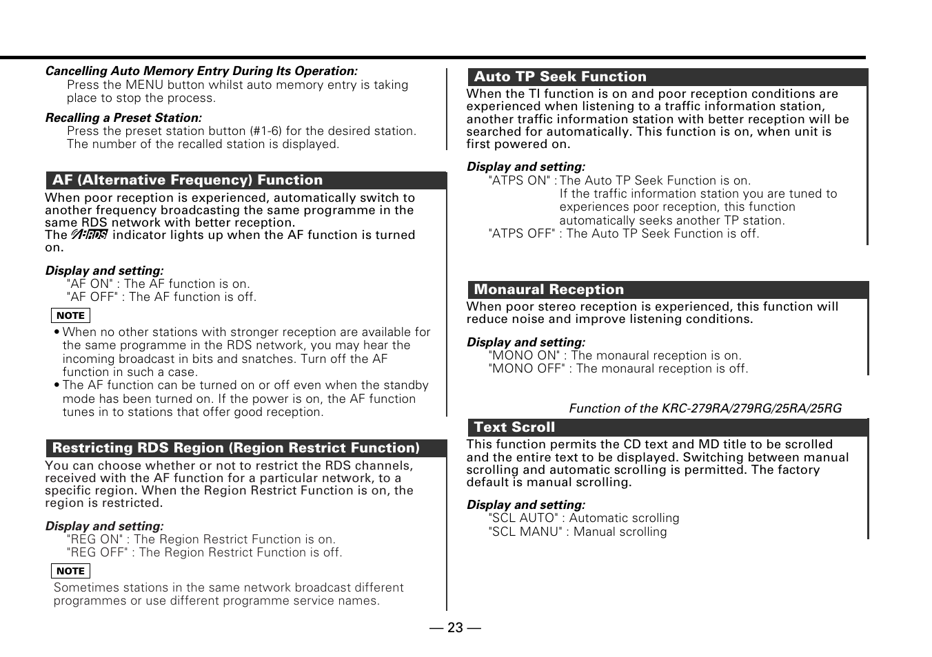 Af (alternative frequency) function, Restricting rds region (region restrict function), Auto tp seek function | Monaural reception, Text scroll | Kenwood KRC-279RA User Manual | Page 23 / 32