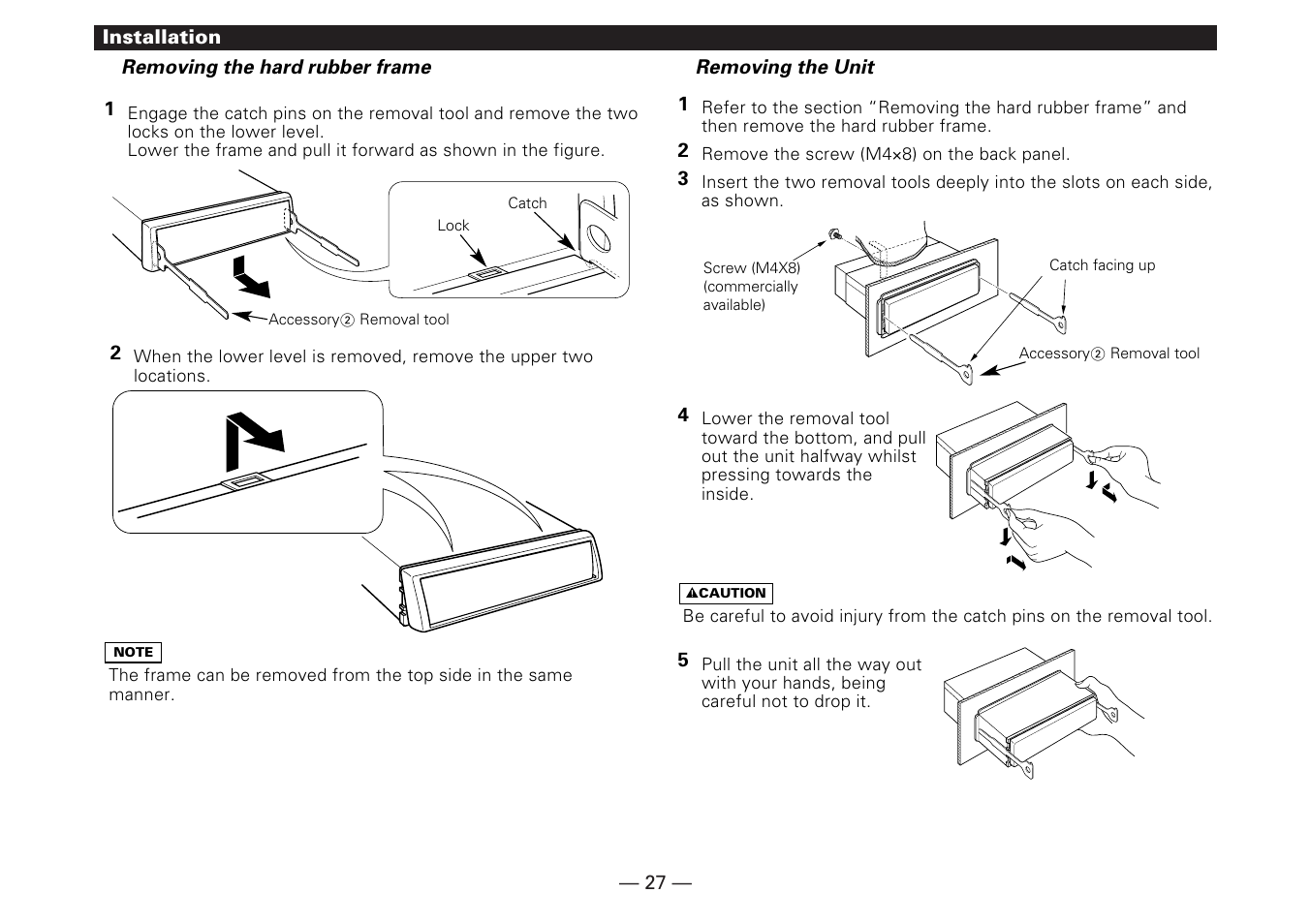 Removing the hard rubber frame, Removing the unit | Kenwood KRC-279RA User Manual | Page 27 / 32