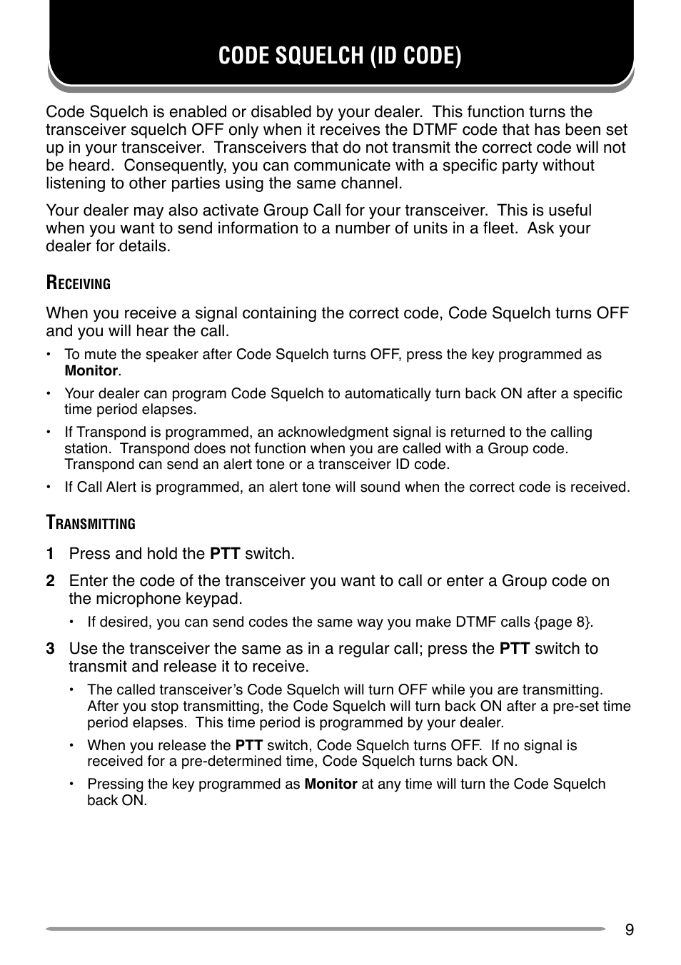 Code squelch (id code) | Kenwood FleetSync TK-8102H User Manual | Page 13 / 16