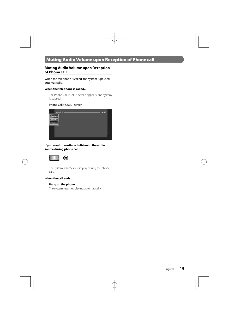 Muting audio volume upon reception of phone call | Kenwood DDX6027 User Manual | Page 15 / 84