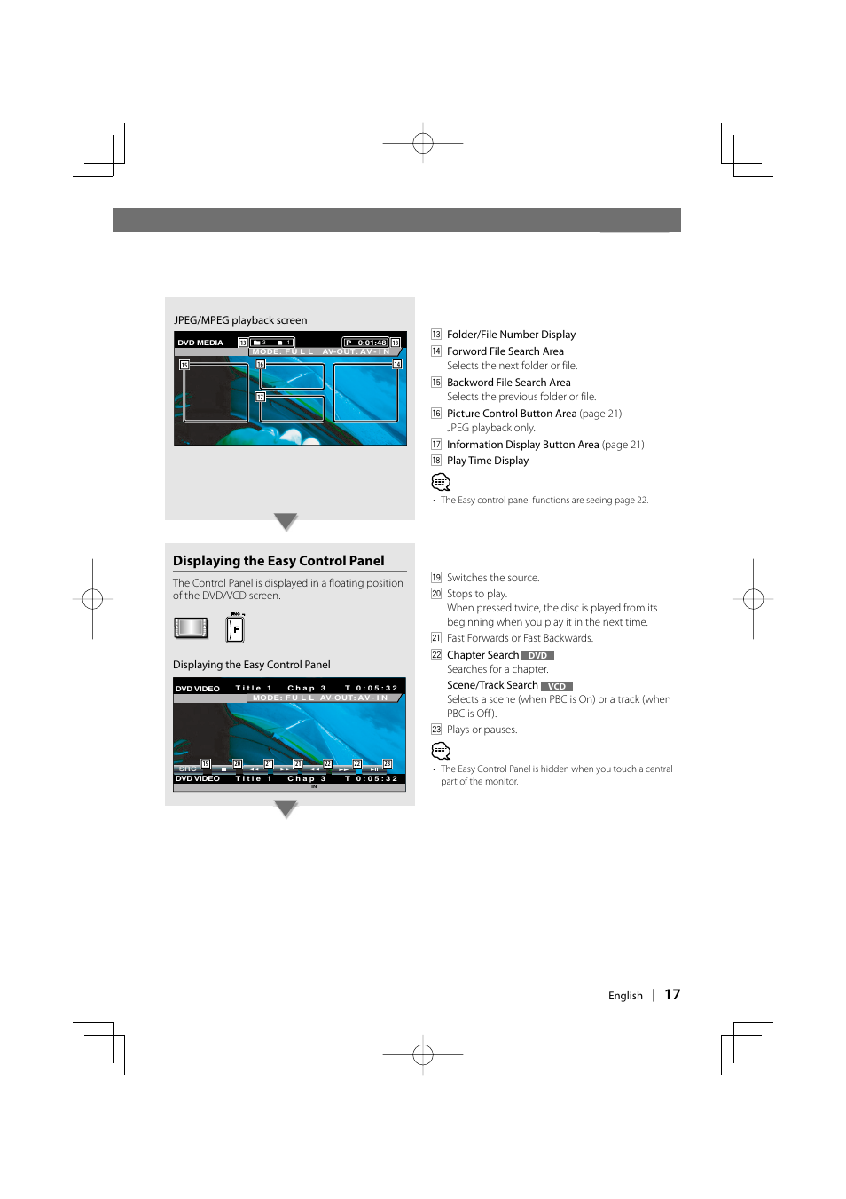 Displaying the easy control panel | Kenwood DDX6027 User Manual | Page 17 / 84