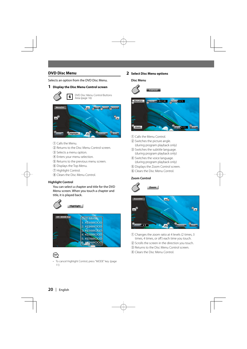 Dvd disc menu | Kenwood DDX6027 User Manual | Page 20 / 84