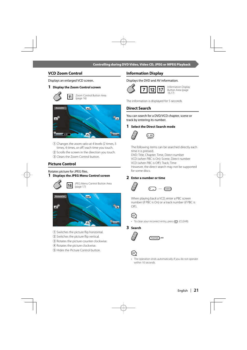 Vcd zoom control, Picture control, Information display | Direct search | Kenwood DDX6027 User Manual | Page 21 / 84