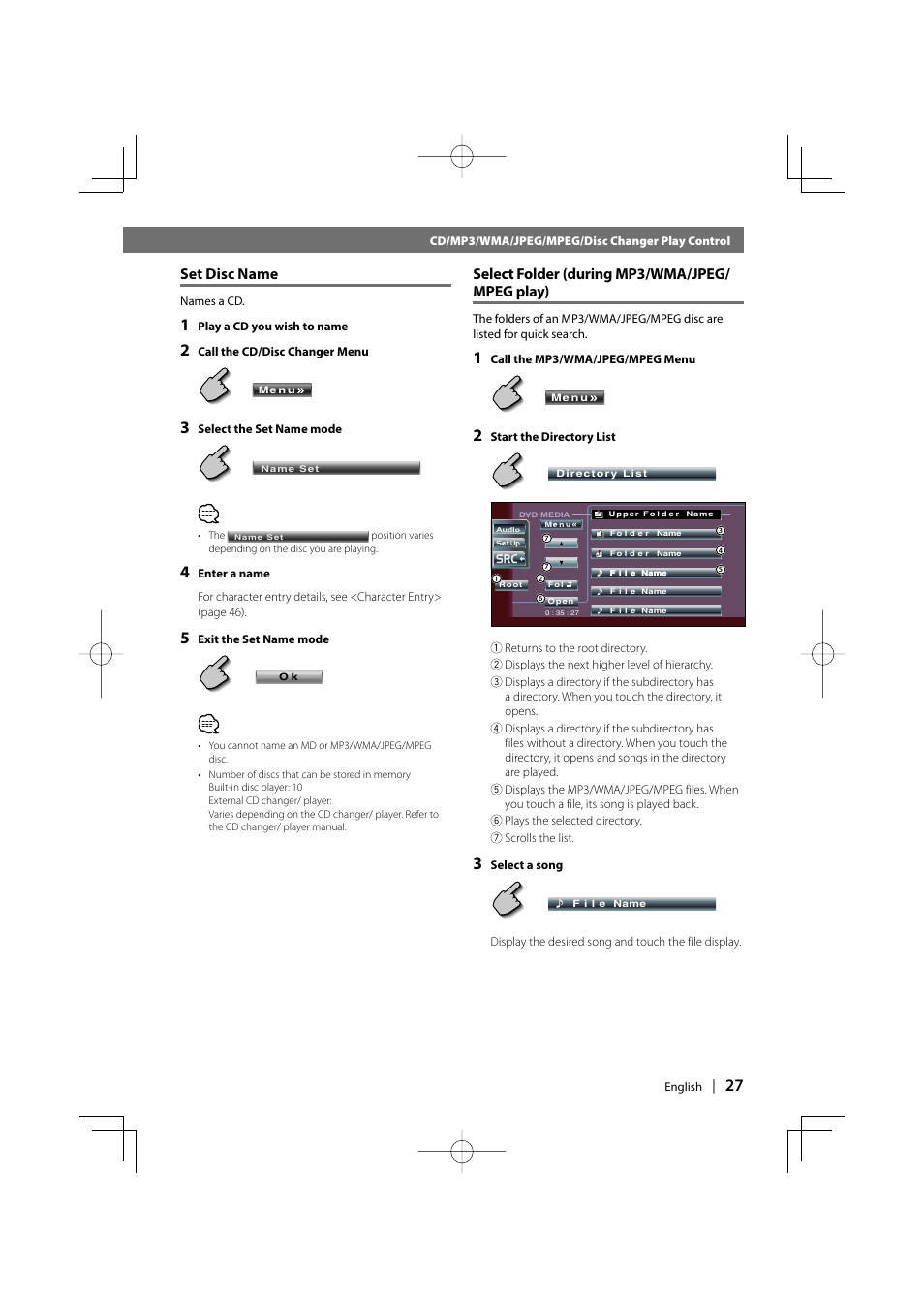 Set disc name, Select folder (during mp3/wma/jpeg/ mpeg play) | Kenwood DDX6027 User Manual | Page 27 / 84