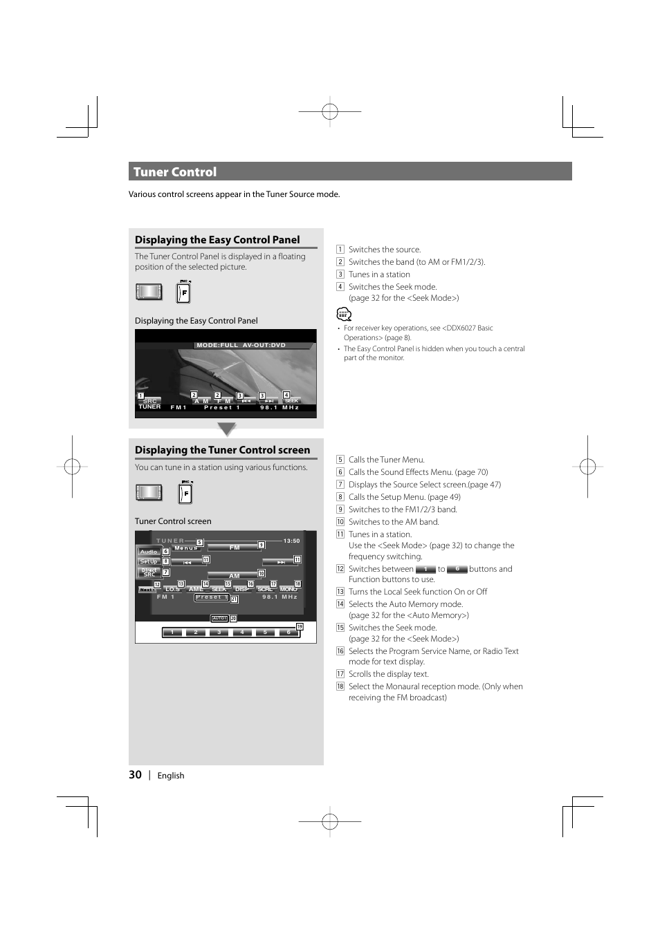 Tuner control, Displaying the easy control panel, Displaying the tuner control screen | Kenwood DDX6027 User Manual | Page 30 / 84