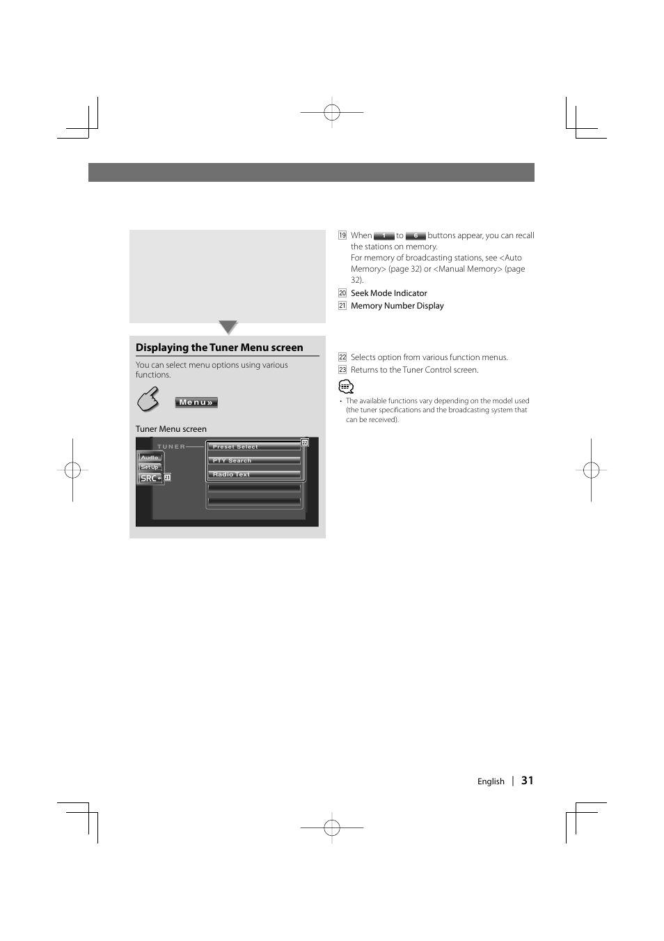 Displaying the tuner menu screen | Kenwood DDX6027 User Manual | Page 31 / 84